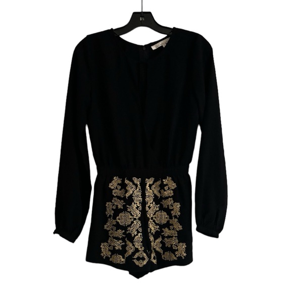 Lovers + Friends Pants - LOVERS + FRIENDS Long Sleeve Black Romper with Gold Brocade Details Size XS